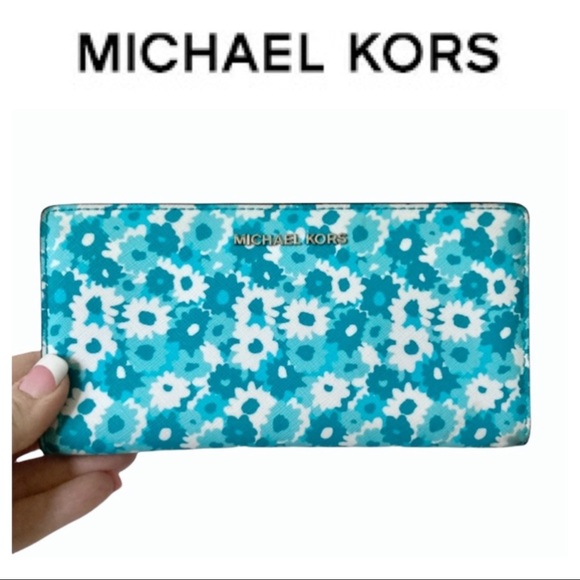 Michael Kors Handbags - Michael Kors Jet Set Spring Blue Aqua Turquoise & White Floral Leather Wallet